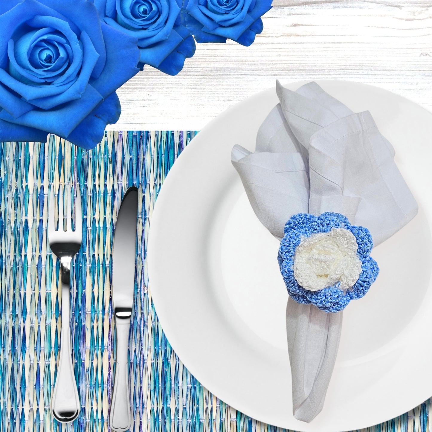 Charlo's Set of 6 Blue White Crochet Rosebud Flower Napkin Rings for Dinner Table Decor, Handmade, Table setting