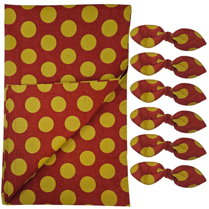 Maison Charlo | Table Runner & Ties Napkin Rings Kits Red & Gold Dot Polka for Christmas, Easter, Valentine's, Mother's Day