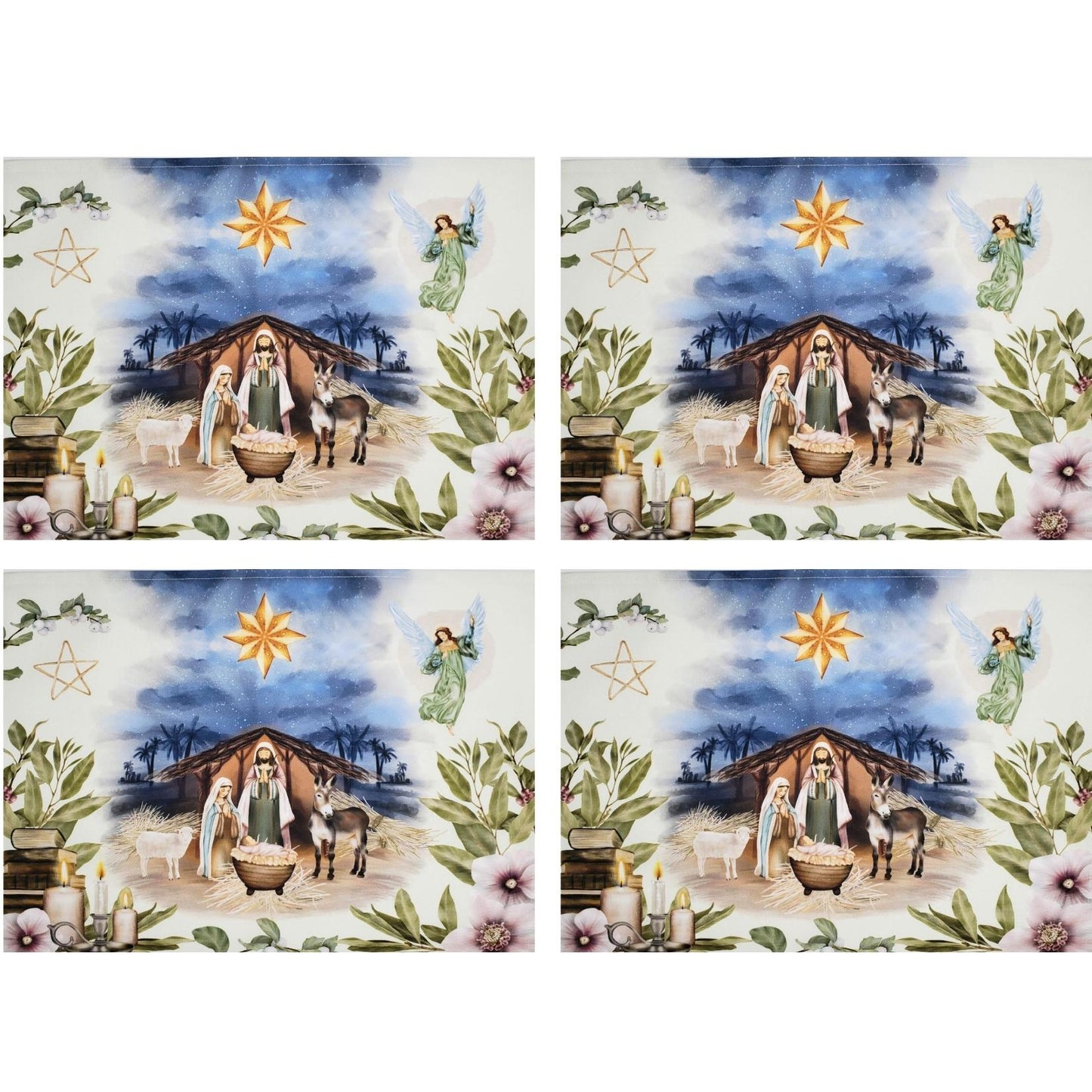 Set of 4 Placemats Christmas Happy Night Cloth Waterproof 17" by 13" -  White