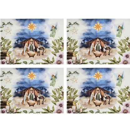 Set of 4 Placemats Christmas Happy Night Cloth Waterproof 17" by 13" -  White