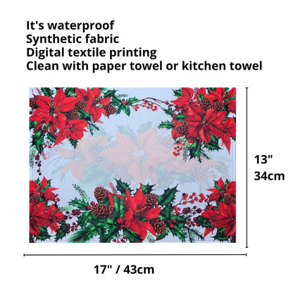 Set of 4 Placemats Christmas Wonderful Flower Cloth Waterproof 17" by 13"  - Dark Red