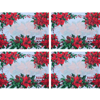 Set of 4 Placemats Christmas Wonderful Flower Cloth Waterproof 17" by 13"  - Dark Red