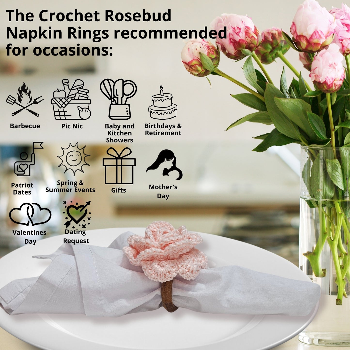 Charlo's Set of 6 Baby Pink Crochet Rosebud Flower Napkin Rings for Dinner Table Decor, Handmade, Table setting