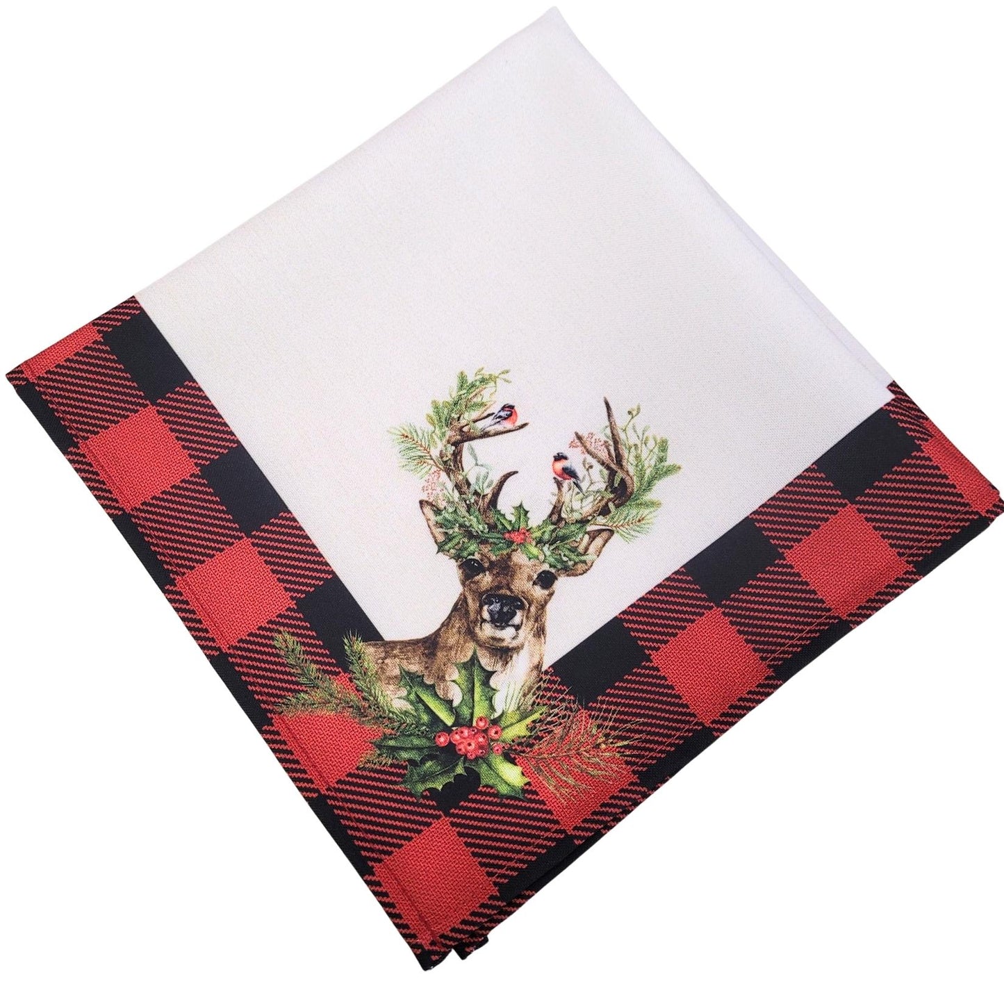 Charlo's Cloth Napkins Set of 4 Plaid Christmas Reindeer 16" by 16" - Red