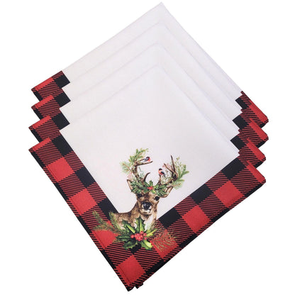 Charlo's Cloth Napkins Set of 4 Plaid Christmas Reindeer 16" by 16" - Red