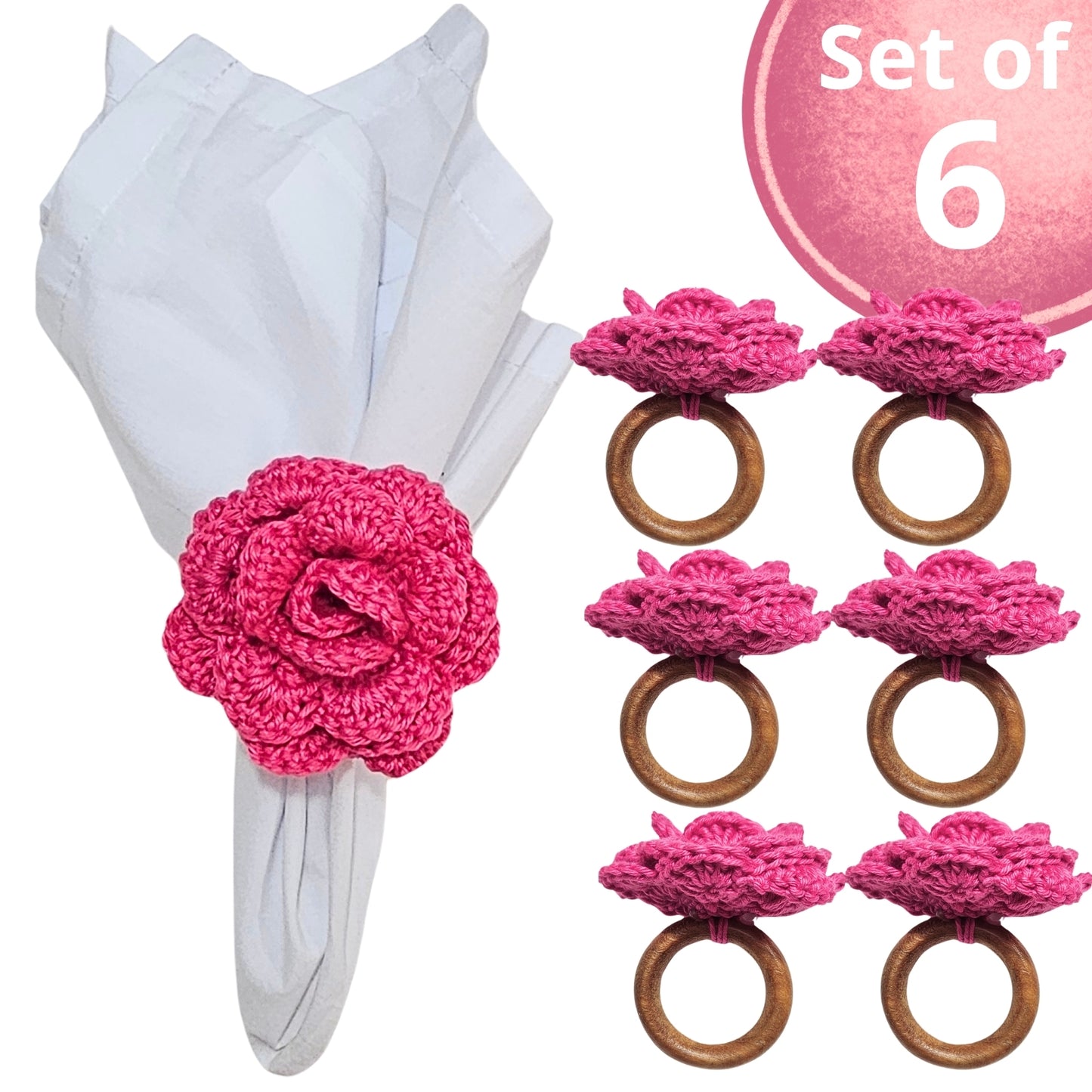 Charlo's Set of 6 Pink Crochet Rosebud Flower Napkin Rings for Dinner Table Decor, Handmade, Table setting