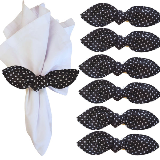 Maison Charlo | Set of 6 Ecofriendly Dot Polka Black Cloth Ties Napkin Rings, Christmas, Easter, Valentine's, Mother's Day