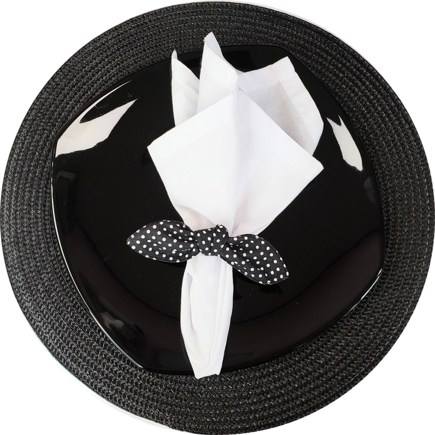 Maison Charlo | Set of 6 Ecofriendly Dot Polka Black Cloth Ties Napkin Rings, Christmas, Easter, Valentine's, Mother's Day