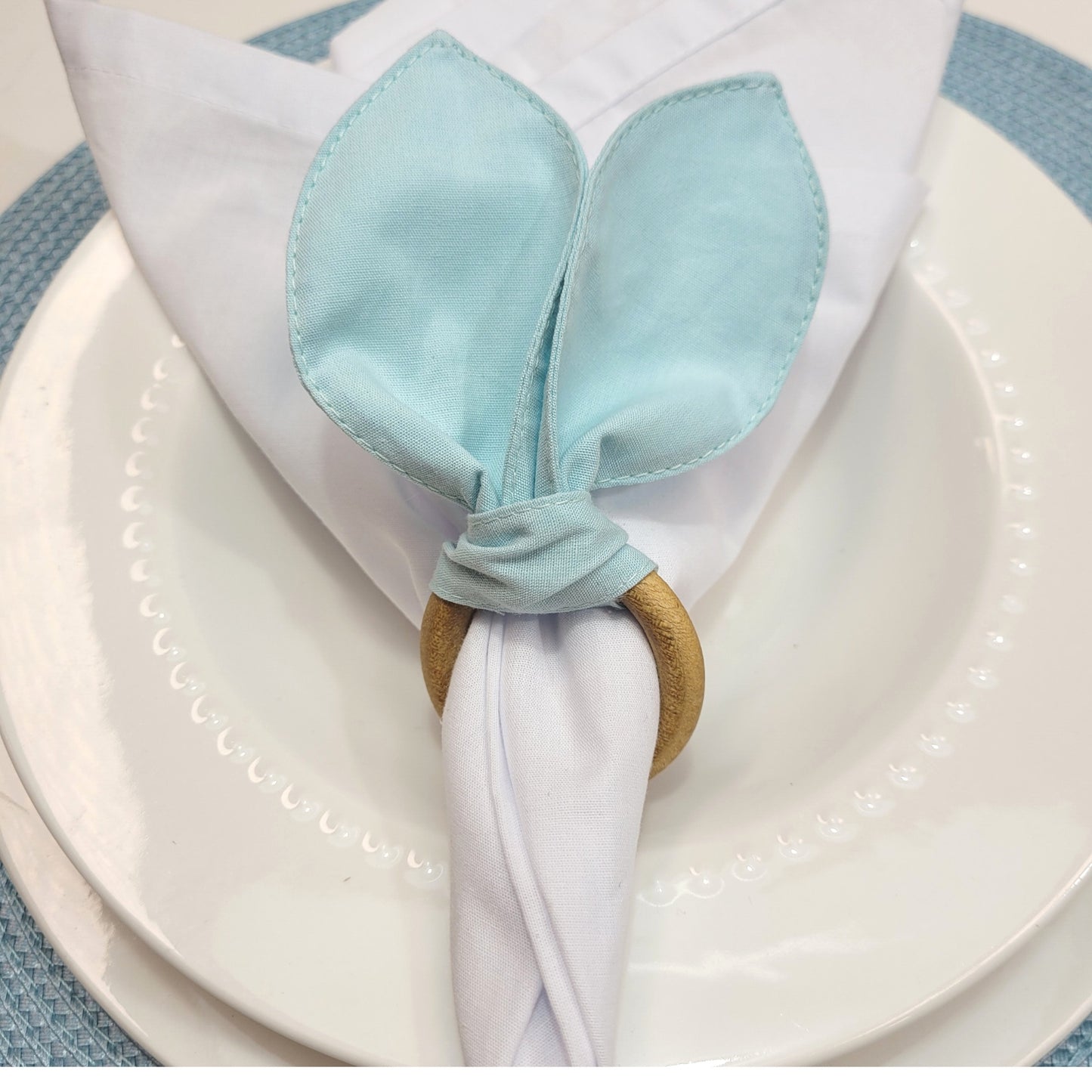 Maison Charlo | Easter Set of 4 Blue Turquoise  Bunny Ears Napkin Rings | Dining Table Decor