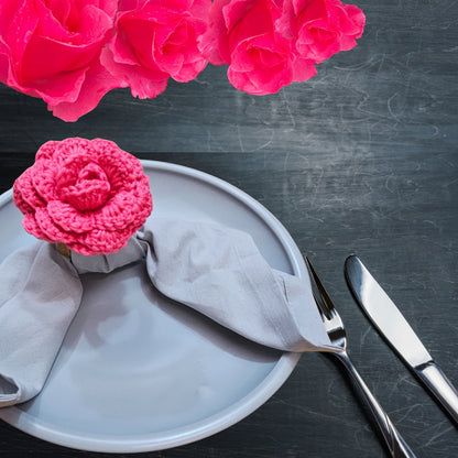 Charlo's Set of 6 Pink Crochet Rosebud Flower Napkin Rings for Dinner Table Decor, Handmade, Table setting