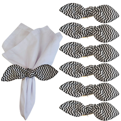 Maison Charlo | Set of 6 Ecofriendly Chevron Black Cloth Ties Napkin Rings, Christmas, Easter, Valentine's, Mother's Day