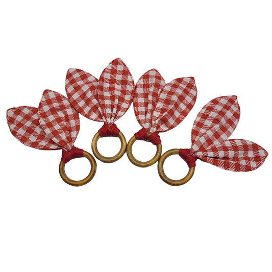 Maison Charlo | Easter Set of 4 Red Rose Plaid Bunny Ears Napkin Rings | Dining Table Decor