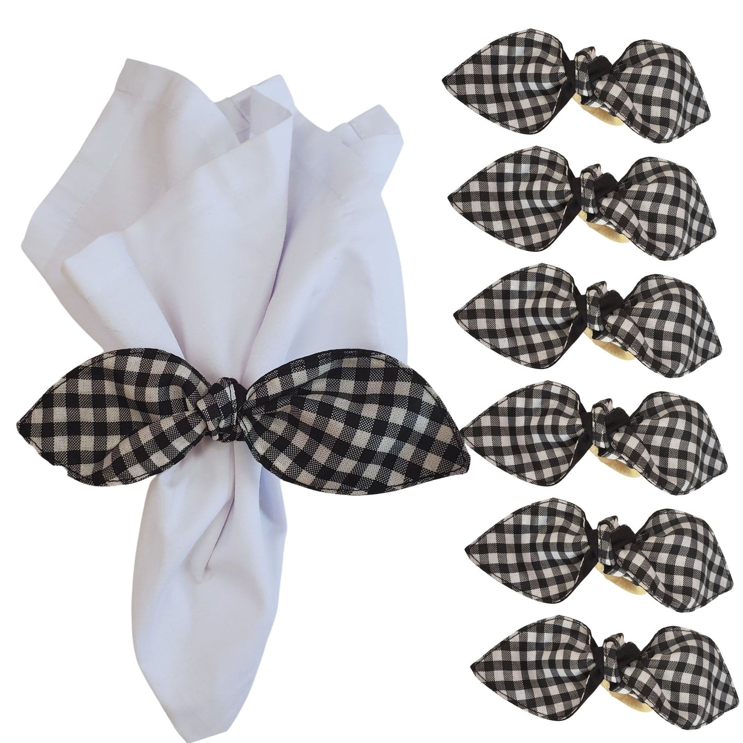 Maison Charlo | Set of 6 Ecofriendly Black Small Plaid Cloth Little Ties Napkin Rings, Christmas, Easter, Valentine's, Mother's Day