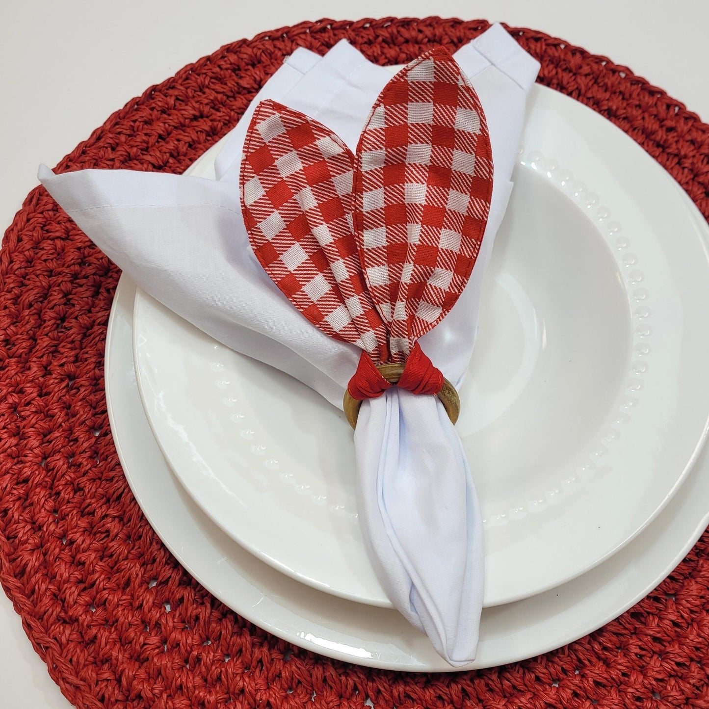 Maison Charlo | Easter Set of 4 Red Rose Plaid Bunny Ears Napkin Rings | Dining Table Decor