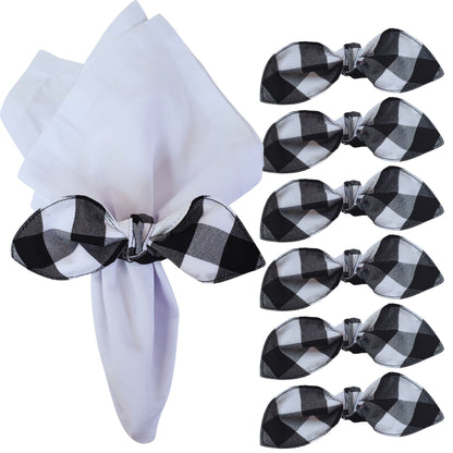 Maison Charlo | Set of 6 Ecofriendly Black Plaid Cloth Ties Napkin Rings, Christmas, Easter, Valentine's, Mother's Day