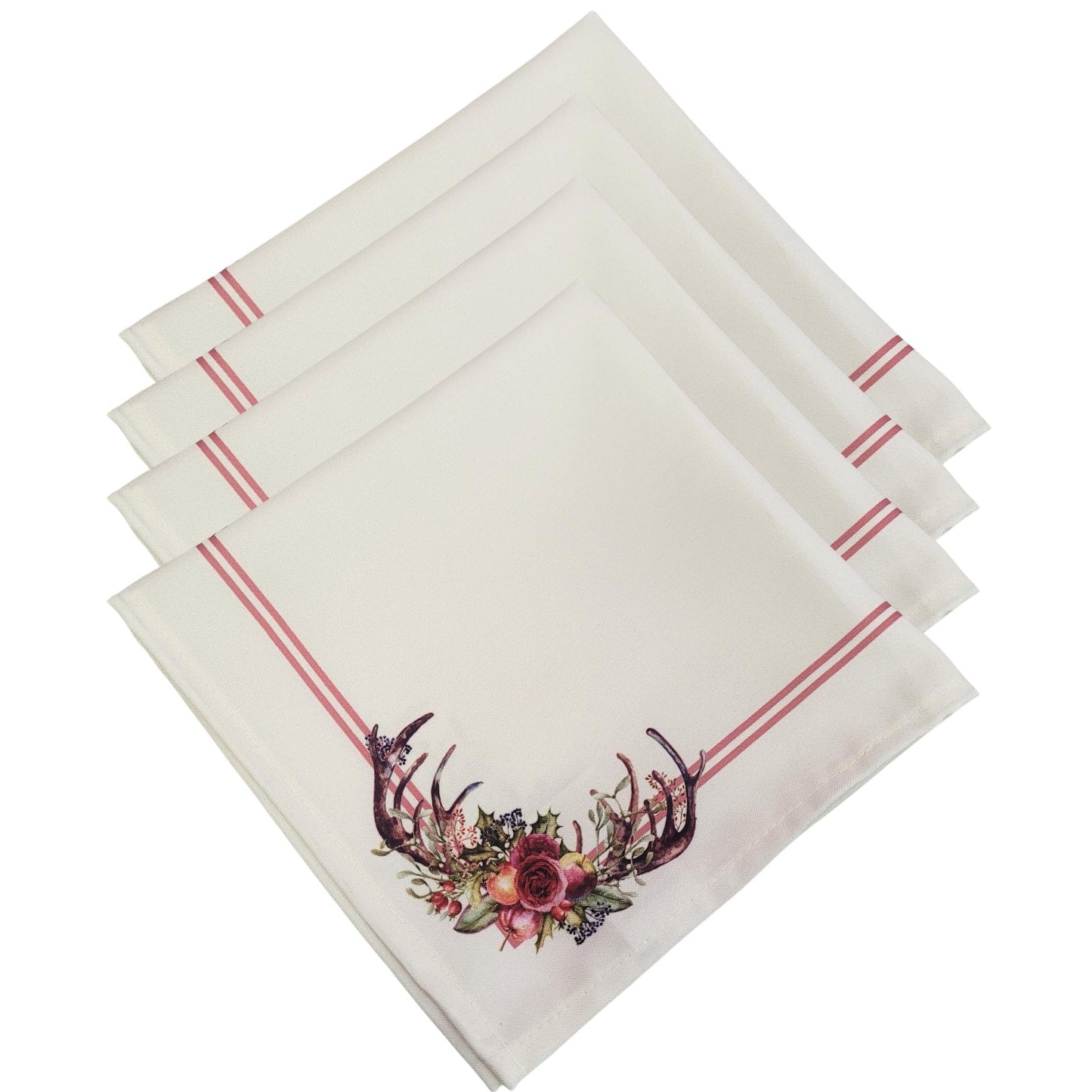 Charlo's Cloth Napkins Set of 4 Burgundy Christmas Arrangement 16" by 16" - Beige