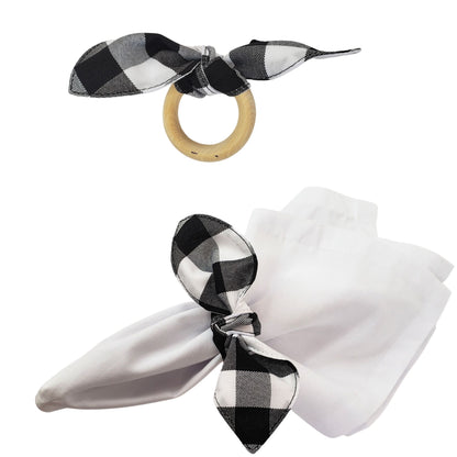 Maison Charlo | Set of 6 Ecofriendly Black Plaid Cloth Ties Napkin Rings, Christmas, Easter, Valentine's, Mother's Day