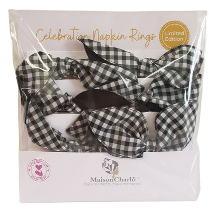 Maison Charlo | Set of 6 Ecofriendly Black Small Plaid Cloth Little Ties Napkin Rings, Christmas, Easter, Valentine's, Mother's Day