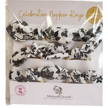 Maison Charlo |Set of 6 Ecofriendly Floral Black Cloth Ties Napkin Rings, Christmas, Easter, Valentine's, Mother's Day