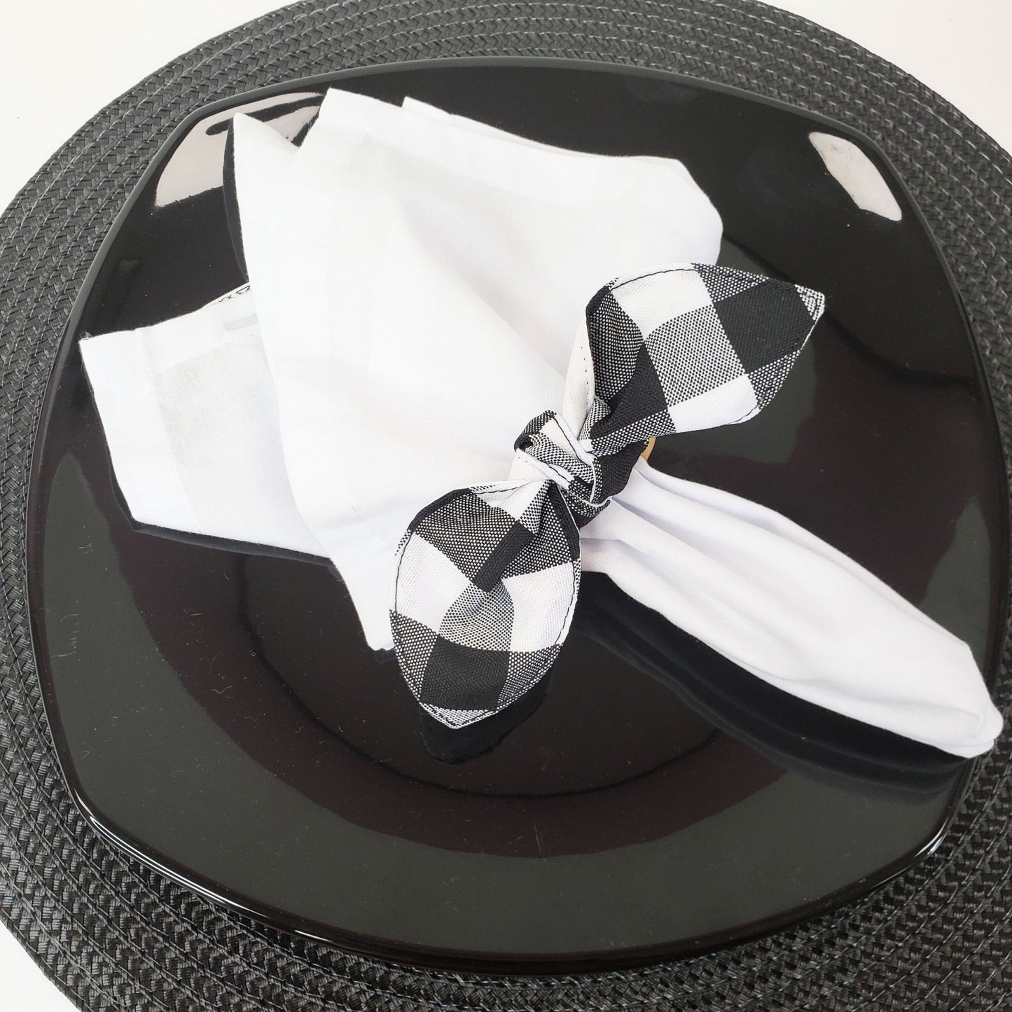 Maison Charlo | Set of 6 Ecofriendly Black Plaid Cloth Ties Napkin Rings, Christmas, Easter, Valentine's, Mother's Day