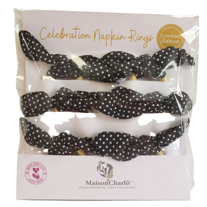 Maison Charlo | Set of 6 Ecofriendly Dot Polka Black Cloth Ties Napkin Rings, Christmas, Easter, Valentine's, Mother's Day