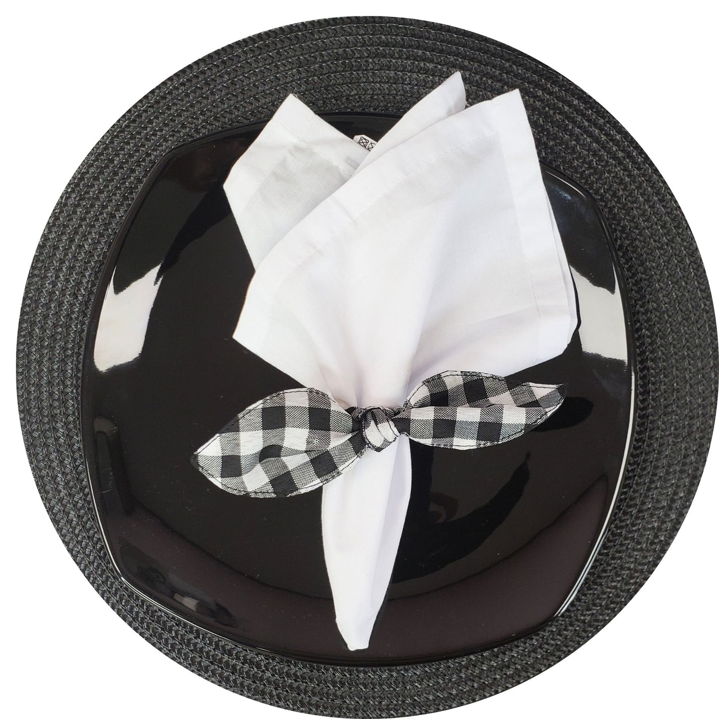 Maison Charlo | Set of 6 Ecofriendly Black Plaid Cloth Ties Napkin Rings, Christmas, Easter, Valentine's, Mother's Day