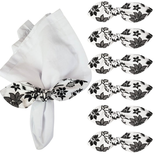 Maison Charlo |Set of 6 Ecofriendly Floral Black Cloth Ties Napkin Rings, Christmas, Easter, Valentine's, Mother's Day