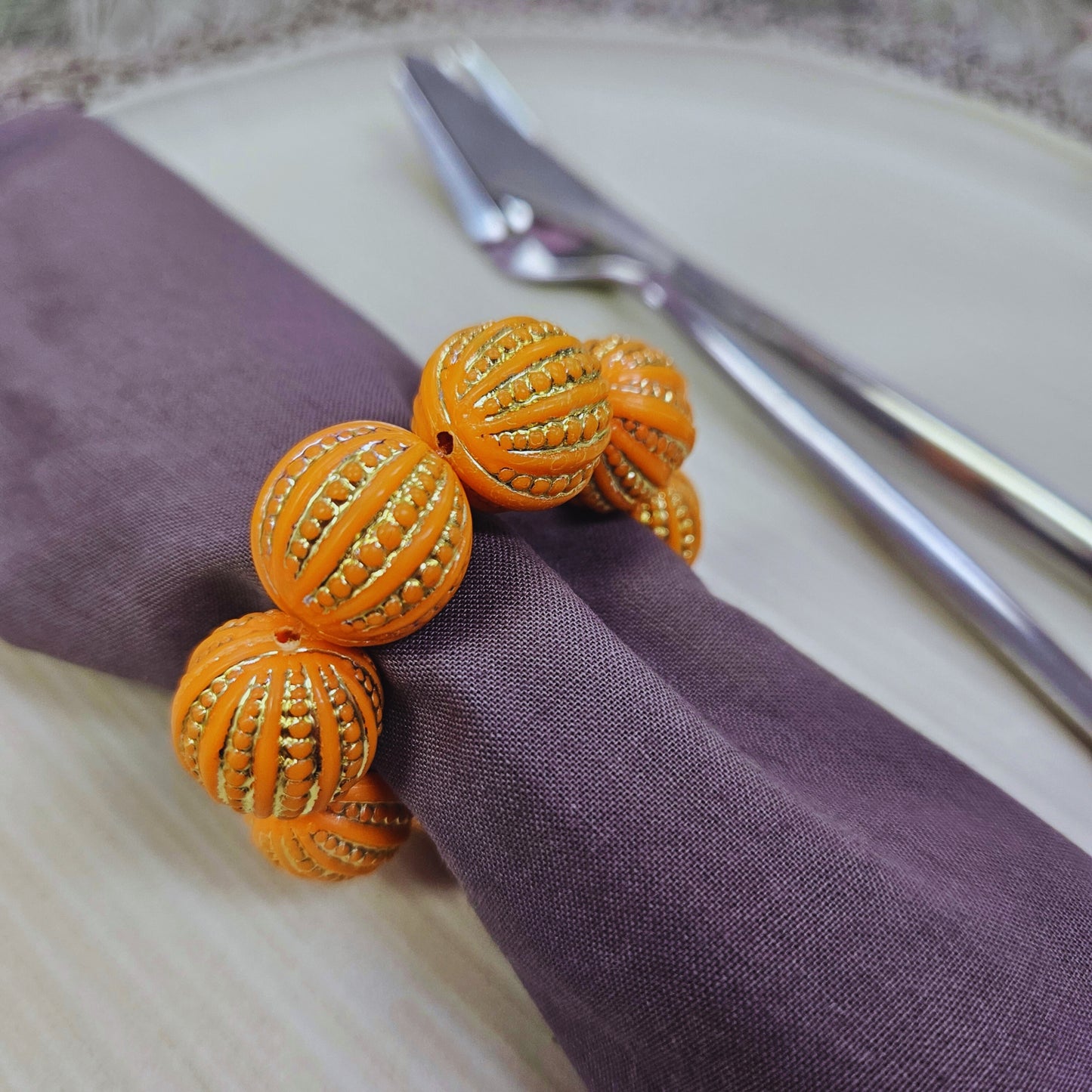 Maison Charlô | Set 4 Orange Shine Beaded Napkin Rings | Rustic Napkin Ring | Handmade