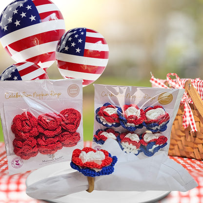 Charlo's Set of 6 USA Patriot Crochet Rosebud Napkin Rings for Independence Day, 4th of July, Memorial Day