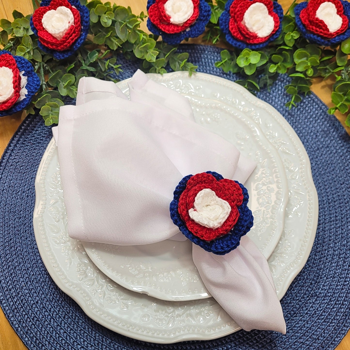 Charlo's Set of 6 USA Patriot Crochet Rosebud Napkin Rings for Independence Day, 4th of July, Memorial Day