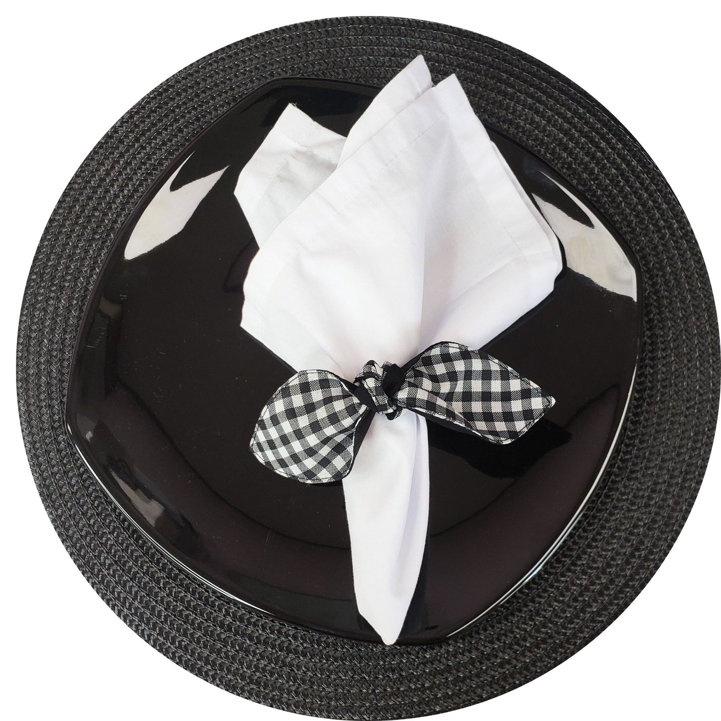 Maison Charlo | Set of 6 Ecofriendly Black Small Plaid Cloth Little Ties Napkin Rings, Christmas, Easter, Valentine's, Mother's Day