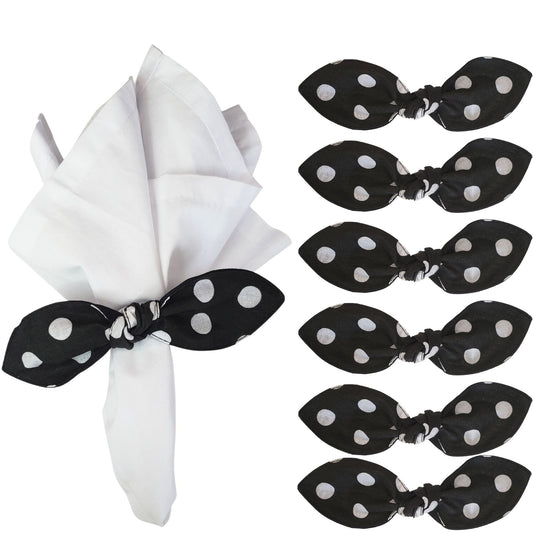 Maison Charlo | Set of 6 Ecofriendly Big Dot Polka Black Cloth Ties Napkin Rings, Christmas, Easter, Valentine's, Mother's Day