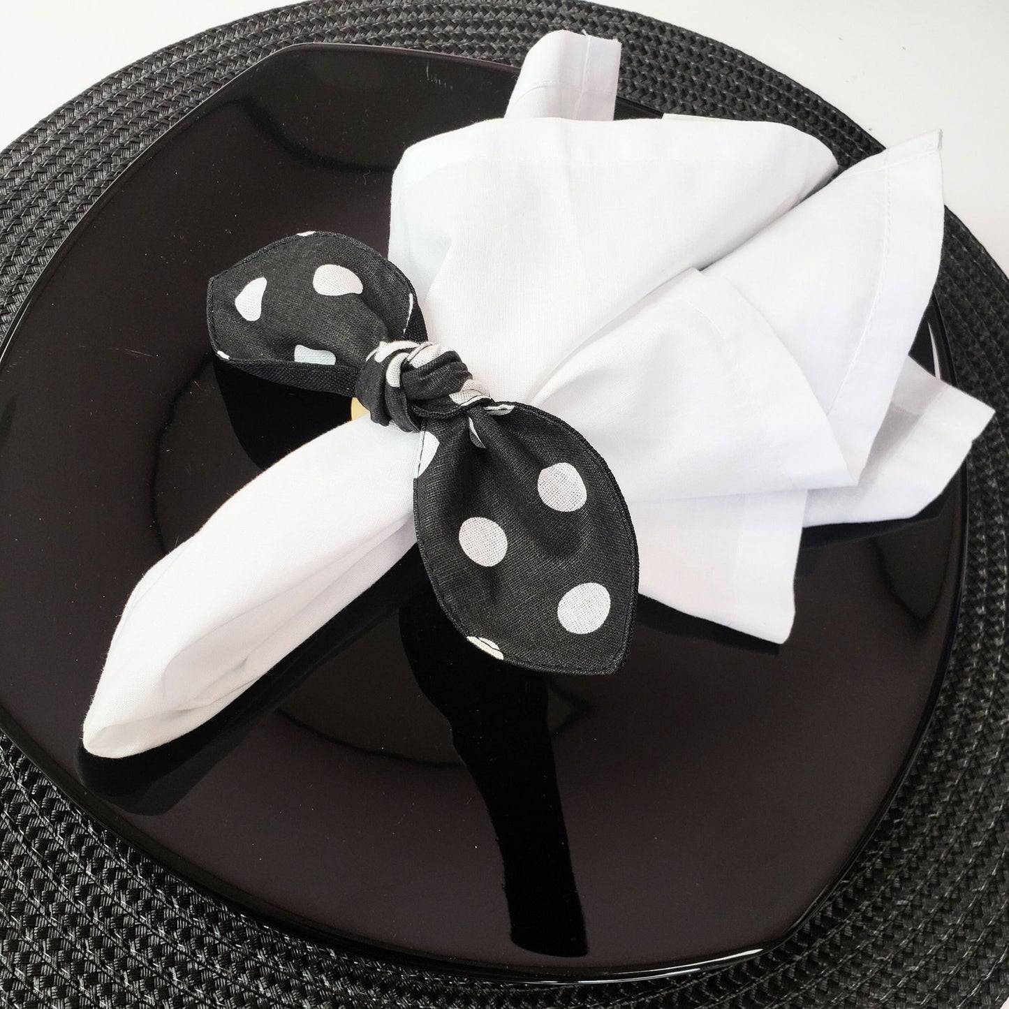 Maison Charlo | Set of 6 Ecofriendly Big Dot Polka Black Cloth Ties Napkin Rings, Christmas, Easter, Valentine's, Mother's Day