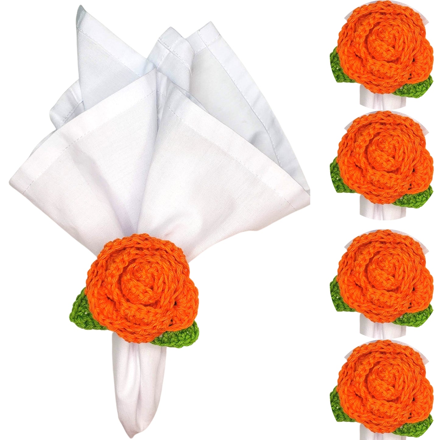 Charlo's Set of 4 Orange Crochet Rosebud Napkin Rings, High Quality Products, handmade, gifts