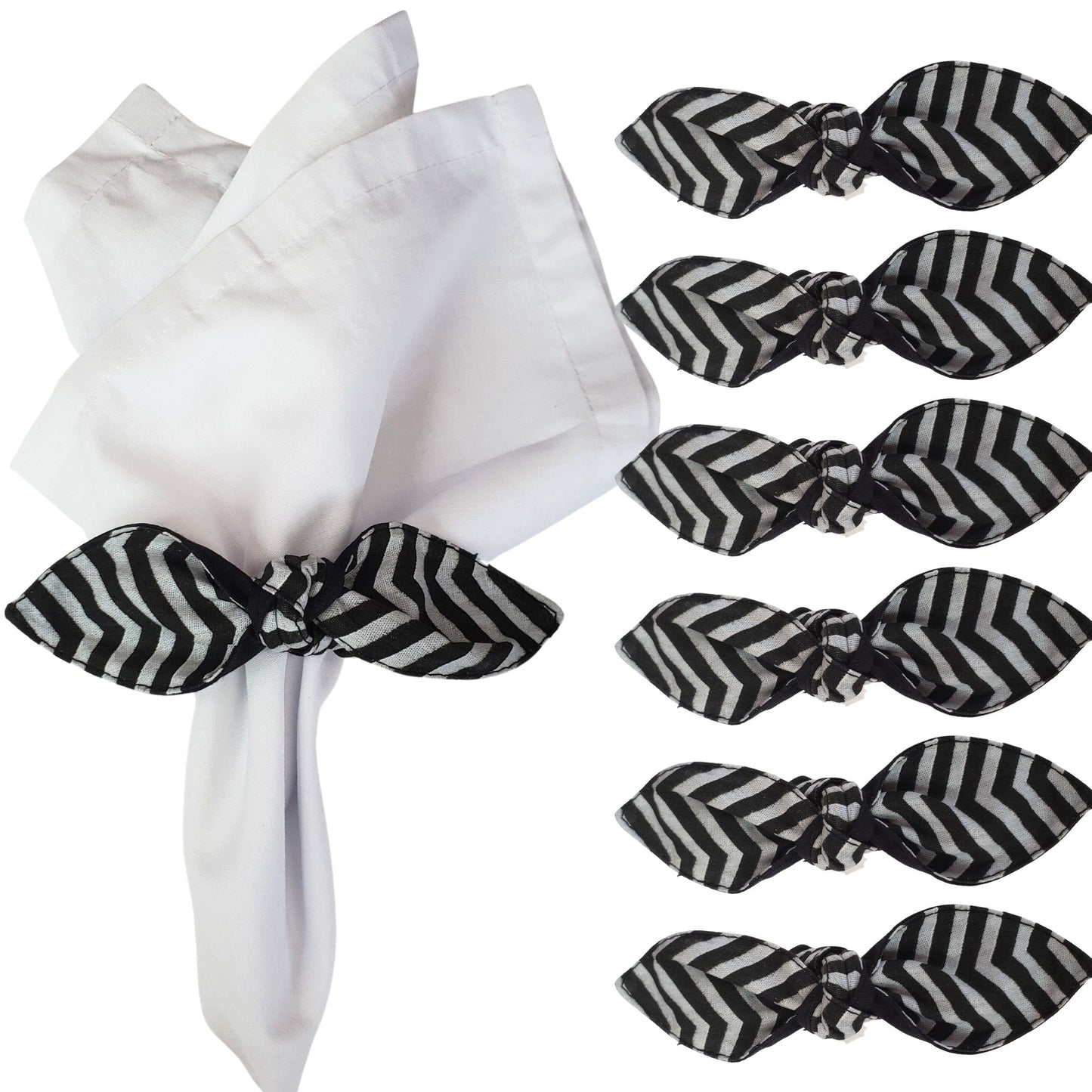 Maison Charlo | Set of 6 Ecofriendly Chevron Grey Black Cloth Little Ties Napkin Rings, Christmas, Easter, Valentine's, Mother's Day