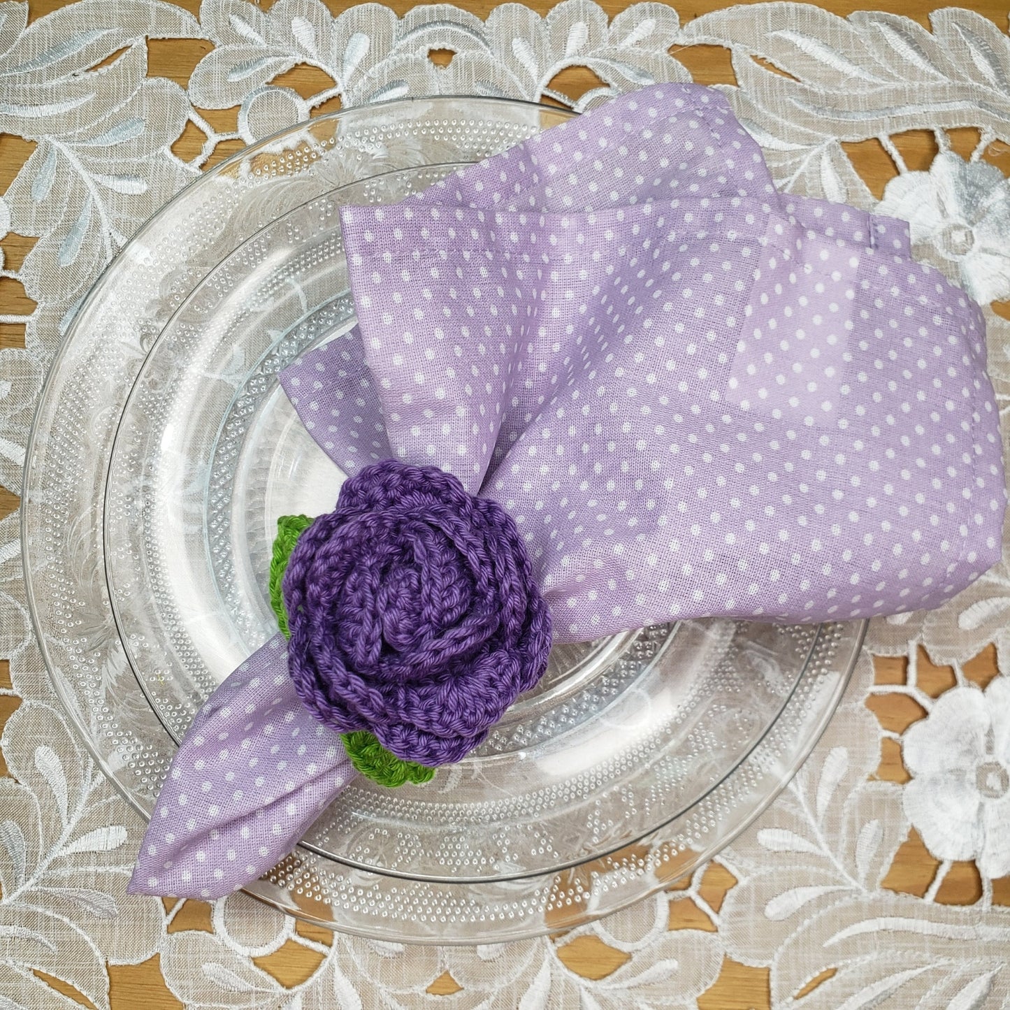 Charlo's Set of 4 Purple Crochet Rosebud Napkin Rings, High Quality Products, handmade, gifts