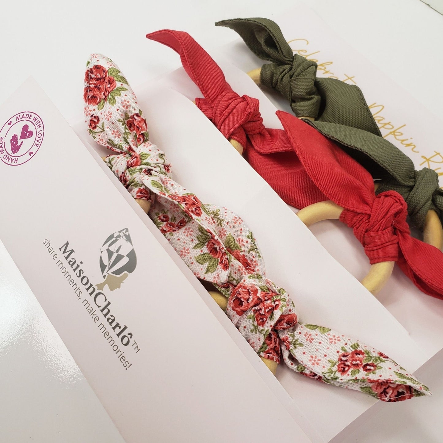 Maison Charlo | Set of 6 Ecofriendly Trio Green Red Floral Ties Napkin Rings, Christmas, Easter, Valentine's, Mother's Day