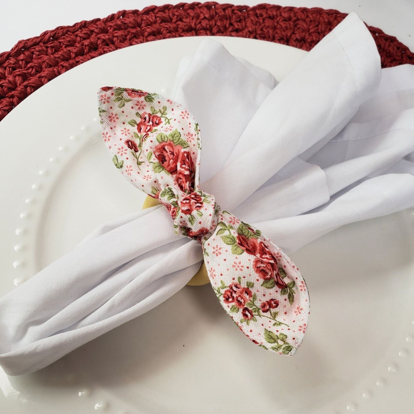 Maison Charlo | Set of 6 Ecofriendly Trio Green Red Floral Ties Napkin Rings, Christmas, Easter, Valentine's, Mother's Day