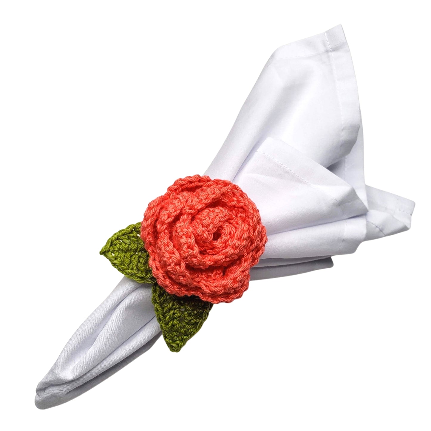 Charlo's Set of 4 Rose Salmon Crochet Rosebud Napkin Rings, High Quality Products, handmade, gifts,