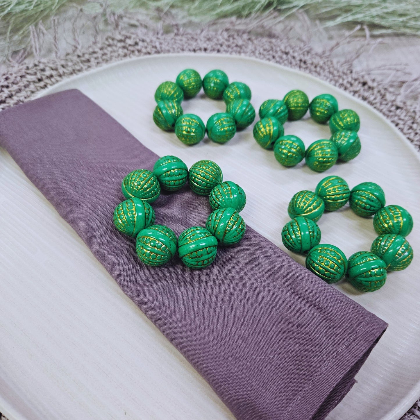 Maison Charlô | Set 4 Green Shine Beaded Napkin Rings | Rustic Napkin Ring | Handmade