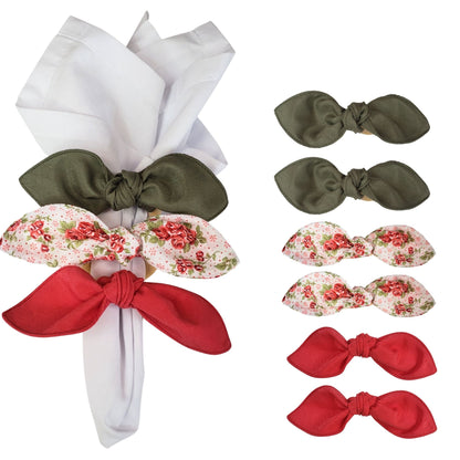 Maison Charlo | Set of 6 Ecofriendly Trio Green Red Floral Ties Napkin Rings, Christmas, Easter, Valentine's, Mother's Day