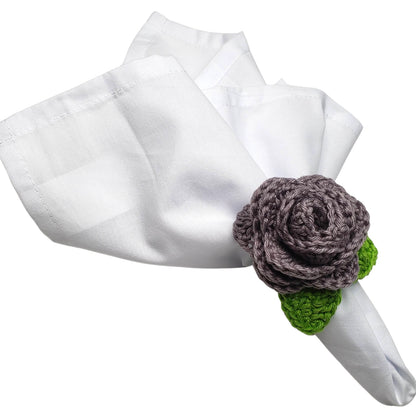 Charlo's Set of 4 Grey Crochet Rosebud Napkin Rings, High Quality Products, handmade, gifts,