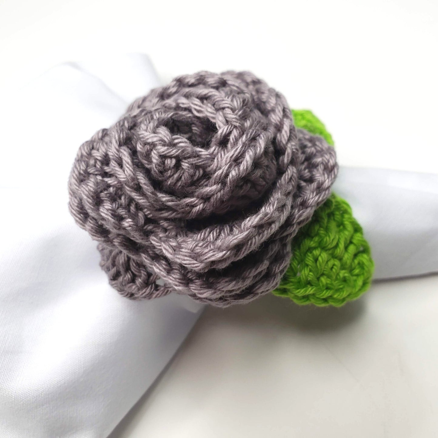 Charlo's Set of 4 Grey Crochet Rosebud Napkin Rings, High Quality Products, handmade, gifts,