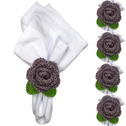 Charlo's Set of 4 Grey Crochet Rosebud Napkin Rings, High Quality Products, handmade, gifts,