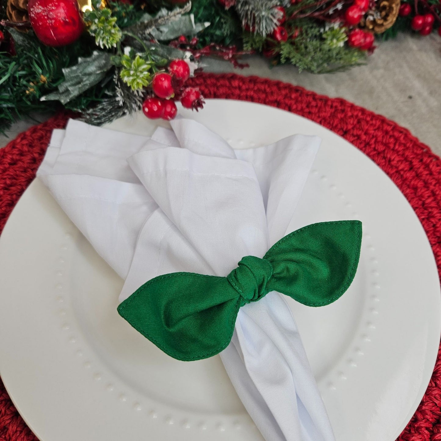 Maison Charlo | Set of 6 Ecofriendly Trio Green Red White Floral Ties Napkin Rings, Christmas, Easter, Valentine's, Mother's Day