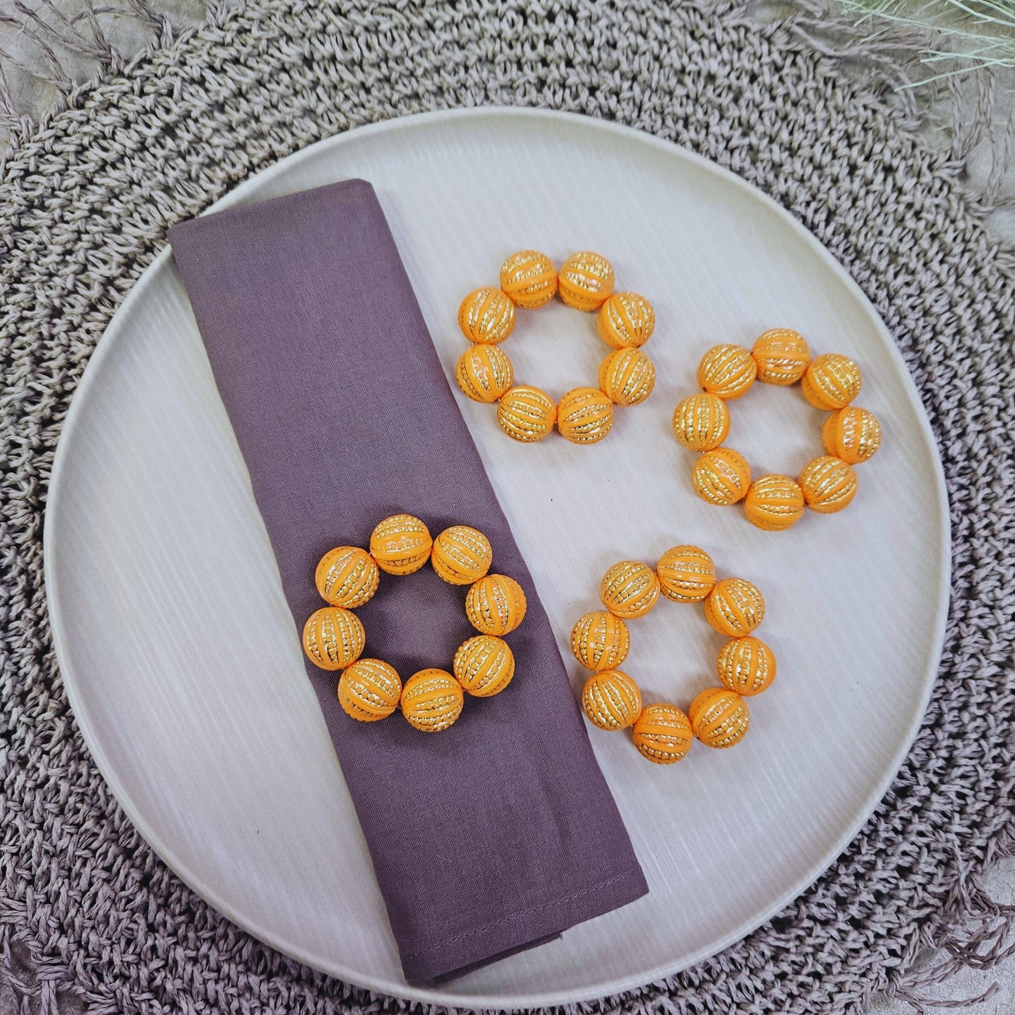 Maison Charlô | Set 4 Orange Shine Beaded Napkin Rings | Rustic Napkin Ring | Handmade