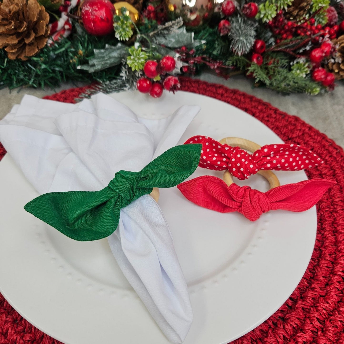 Maison Charlo | Set of 6 Ecofriendly Trio Green Red Dot Polka Ties Napkin Rings, Christmas, Easter, Valentine's, Mother's Day