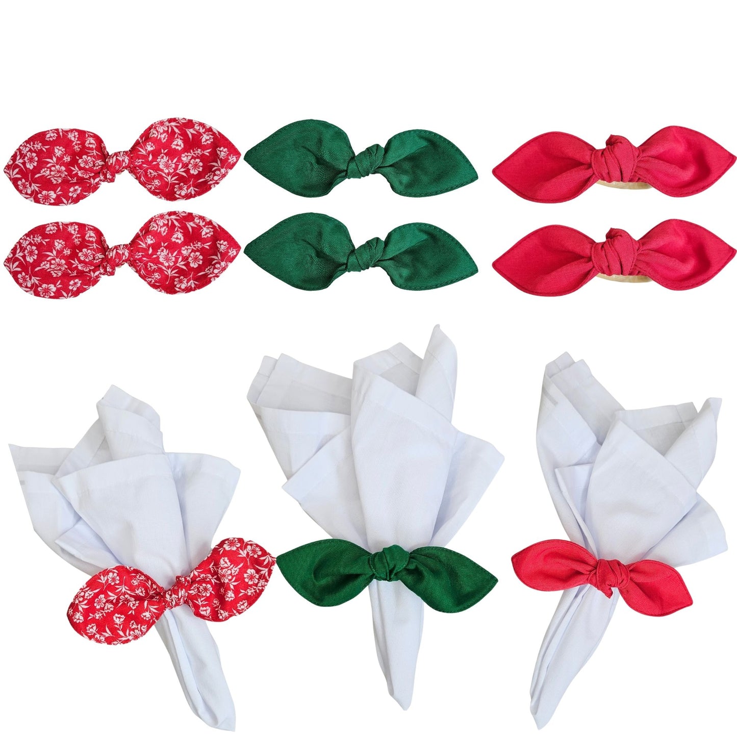 Maison Charlo | Set of 6 Ecofriendly Trio Green Red White Floral Ties Napkin Rings, Christmas, Easter, Valentine's, Mother's Day