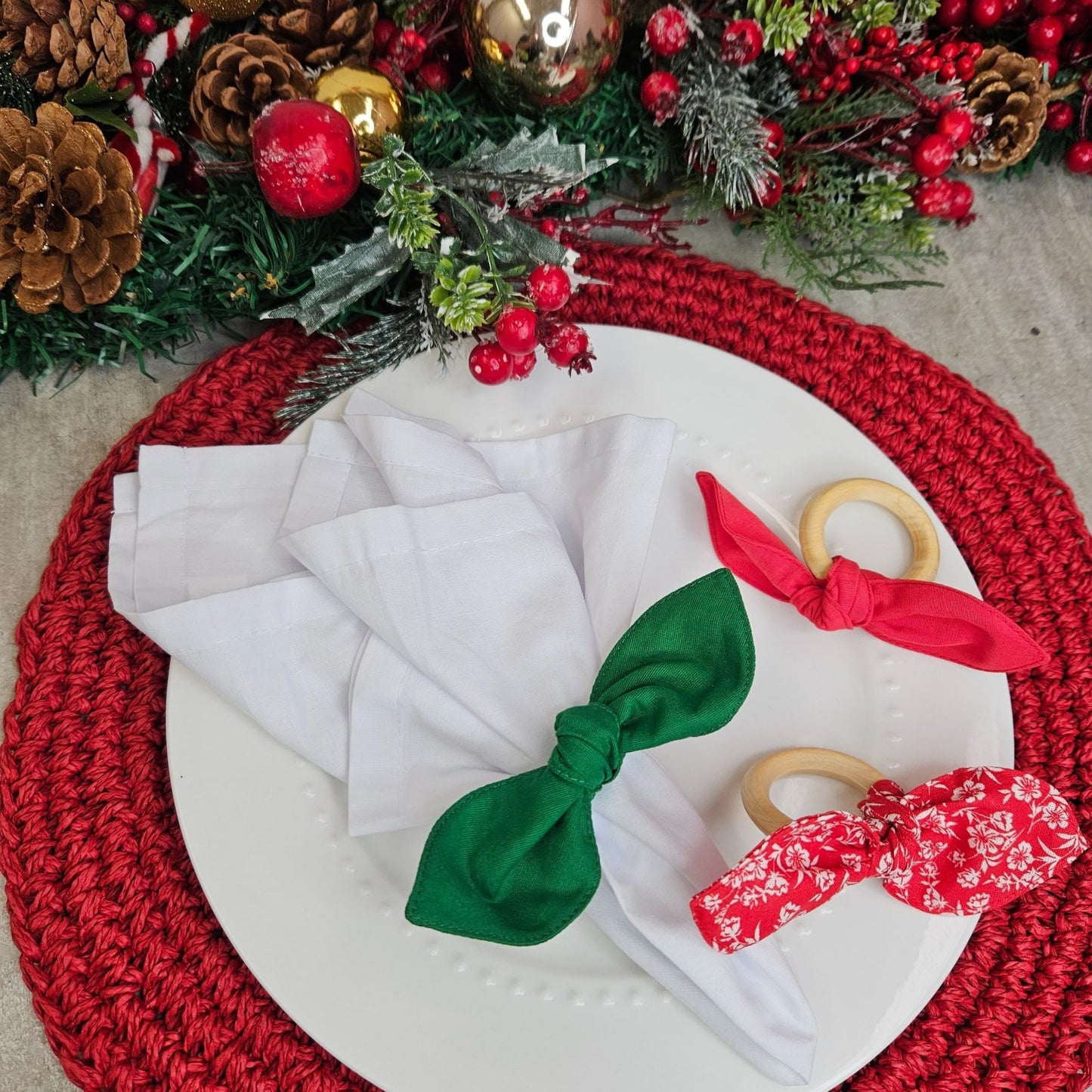 Maison Charlo | Set of 6 Ecofriendly Trio Green Red White Floral Ties Napkin Rings, Christmas, Easter, Valentine's, Mother's Day