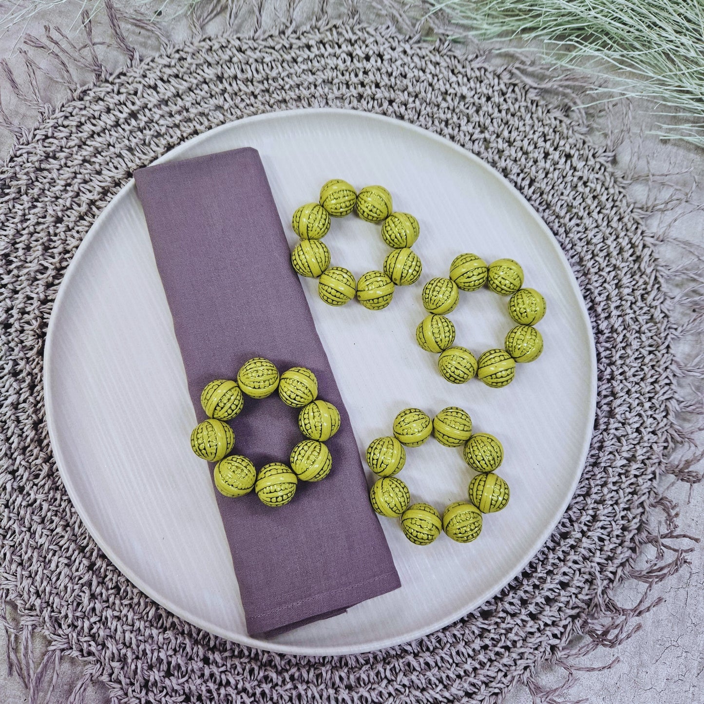 Maison Charlô | Set 4 Lemon Shine Beaded Napkin Rings | Rustic Napkin Ring | Handmade